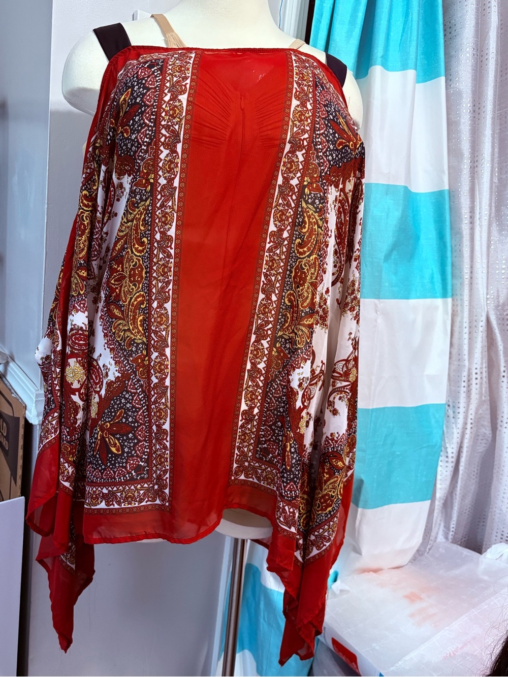 Ashley Stewart Burnt Orange Paisley Sheer Tunic with Gold Accents